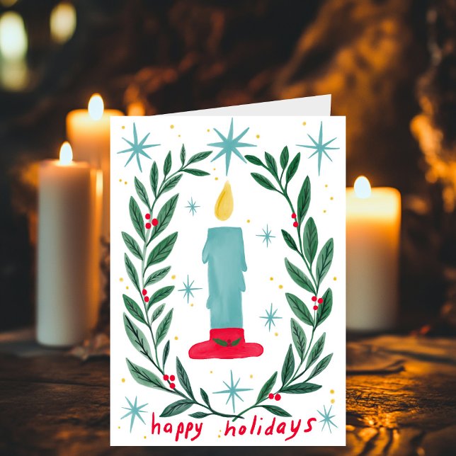 Cartão Feliz Natal Feriado Velas Botânicas Feriados (Happy Holidays Candle Botanical Handmade Christmas Card
)