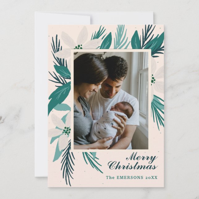 Cartão Feliz Natal, foto de poinsettias brancas (Frente)