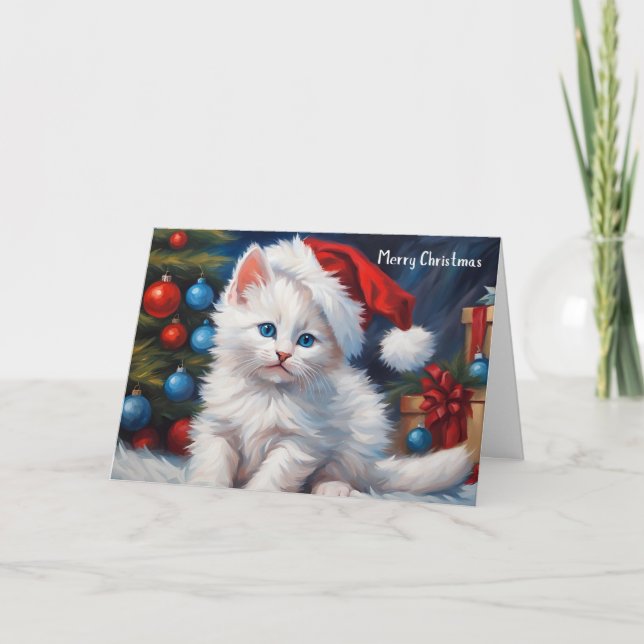 Cartão Feliz Natal, Gato Branco e Árvore de Natal (Frente)