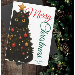 Cartão Feliz Natal Gato Engraçado Árvore de Natal