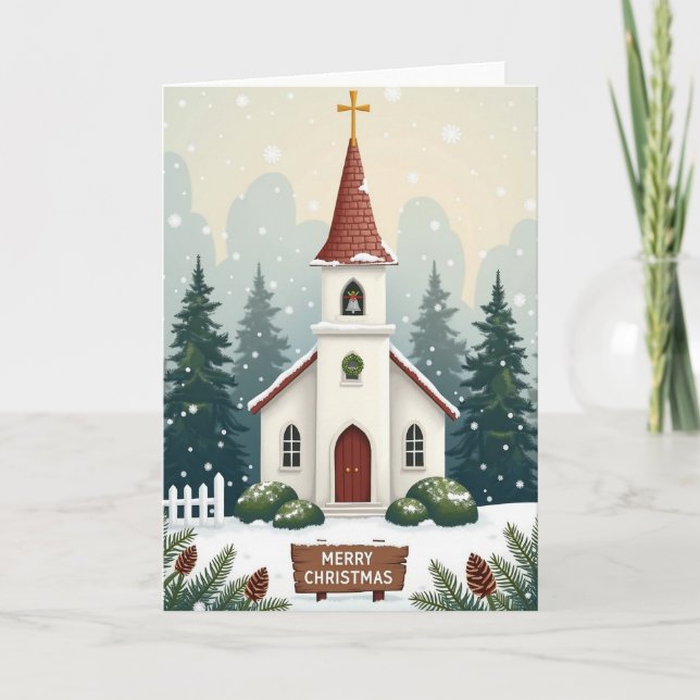 Cartão Feliz Natal Igreja Neve (Frente)