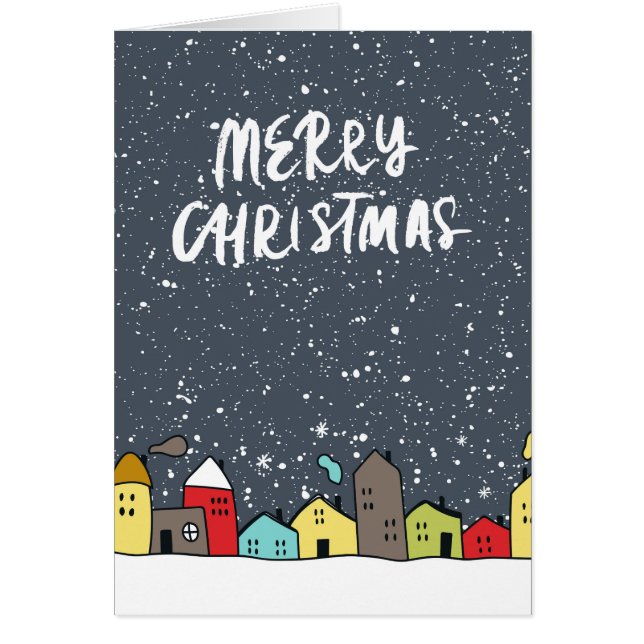 Cartão Feliz Natal, Ilustração das Casas de Inverno (Frente)