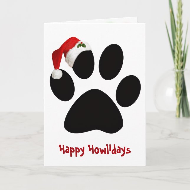 Cartão Feliz Natal Impressão de Pata de Cachorro com Chap (Frente)