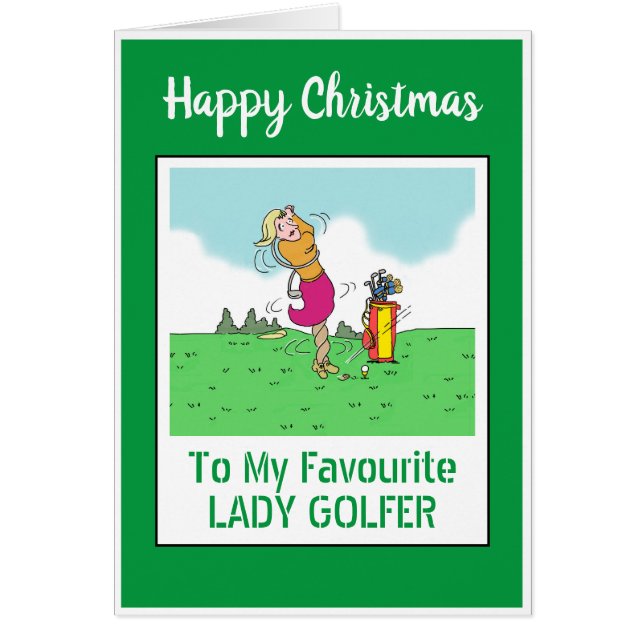 Cartão Feliz Natal Lady Golfer (Frente)