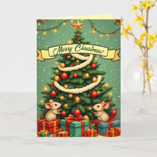 Cartão Feliz Natal Lindos Ratos Felizes Árvore Vitoriana