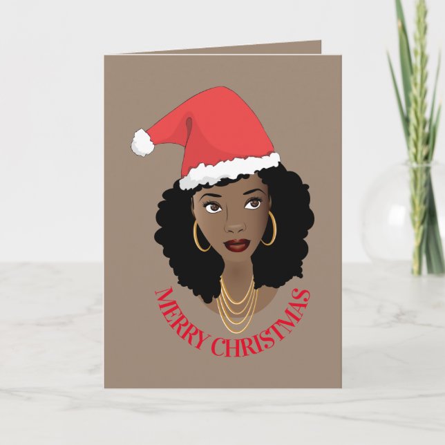 Cartão Feliz Natal, Mulher Negra, Chapéu Vermelho de Sant (Frente)