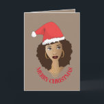 Cartão Feliz Natal, Mulher Negra, Chapéu Vermelho de Sant<br><div class="desc">Celebrar as férias com esta beleza natural. Ela está vestindo um chapéu de Papai Noel a afro. Personalize com seu nome no dentro.</div>
