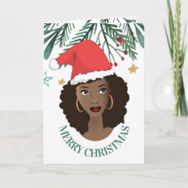 Cartão Feliz Natal, Mulher Negra, Chapéu Vermelho de Sant