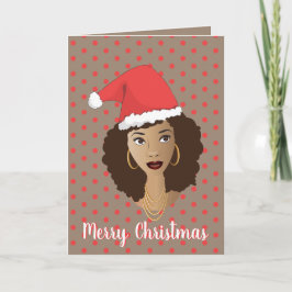 Cartão Feliz Natal! Mulher Negra, Santa Hat, Bolinhas