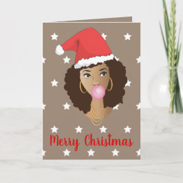 Cartão Feliz Natal, Mulher Negra, Santa Hat, Bubblegum