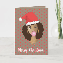 Cartão Feliz Natal! Mulher Negra, Santa Hat, Bubblegum