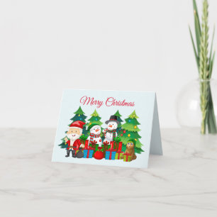 Cartão Feliz Natal Papai Noel, Bonecos de Neve e Presente