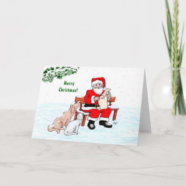 Cartão Feliz Natal! Papai Noel com Gato e Cachorro (Frente)