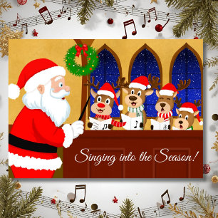 Cartão Feliz Natal Papai Noel Dirigindo Rena Cantando