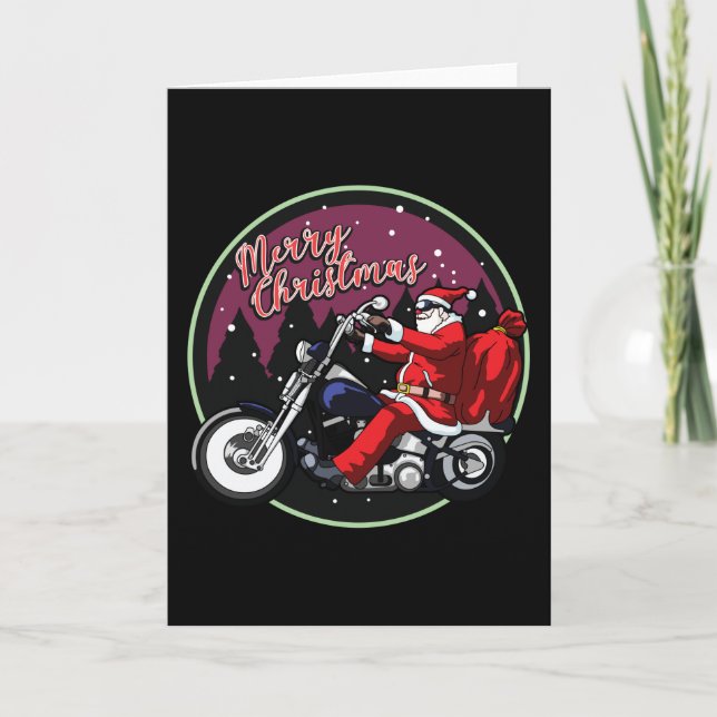 Cartão Feliz Natal Papai Noel Engraçado Anda de Moto Pres (Frente)