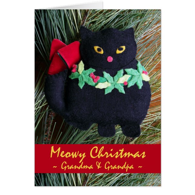 Cartão Feliz Natal para Avós, Ornamento de Gato (Frente)