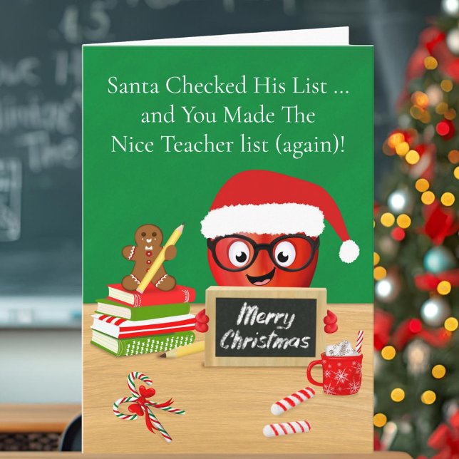 Cartão Feliz Natal Professor Maçã Fofa na Mesa (Criador carregado)