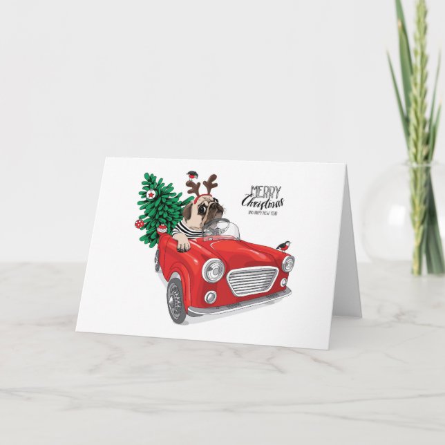 Cartão Feliz Natal | Pug Dirigindo Carro Antigo (Frente)
