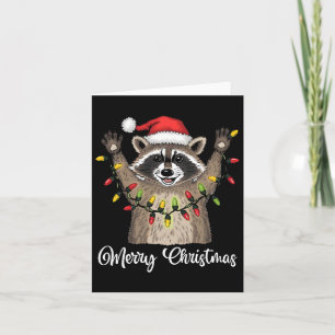 Cartão Feliz Natal Raccoon Santa Hat Xmas Light Pjs