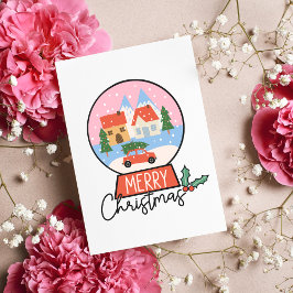 Cartão Feliz Natal Rosa e Globo Vermelho de Neve