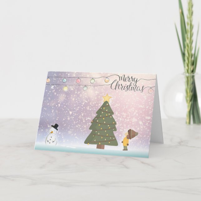 Cartão Feliz Natal Snowman/Boy Greeting Card (Frente)