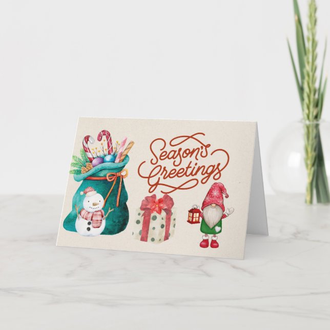 Cartão Feliz Natal Snowman e Gnomo (Frente)