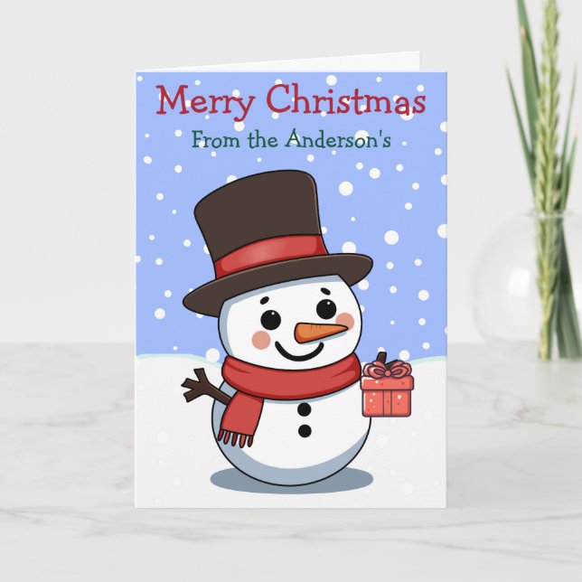 Cartão Feliz Natal Snowman Nome da Família Personalizada (Frente)