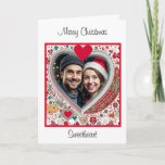 Cartão Feliz Natal Sweetheart | Foto de Natal<br><div class="desc">Cartão de Natal personalizado. Quadro floral de coração vermelho e azul que você pode personalizar adicionando sua foto.</div>