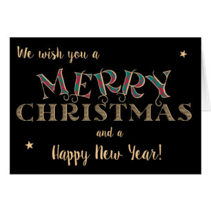 Cartão Feliz Natal, Tartan e Letras de Efeito Dourado