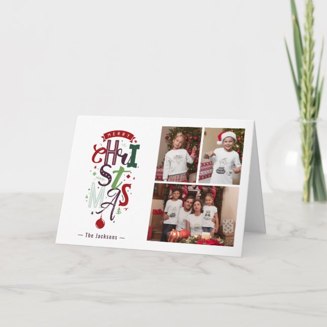 Cartão Feliz Natal Tipografia 3 Foto Colagem Férias (Frente)