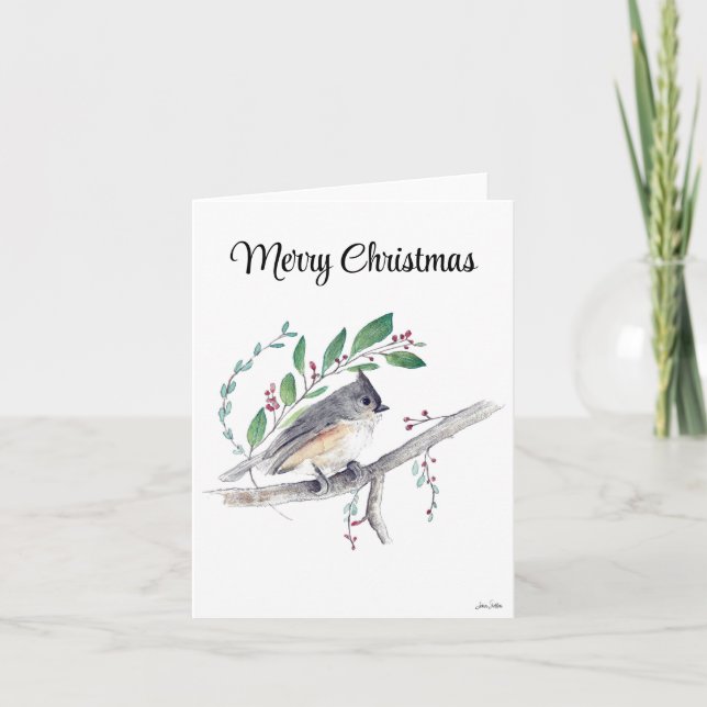 Cartão Feliz Natal Tufted Titmouse Bird Holiday Card (Frente)