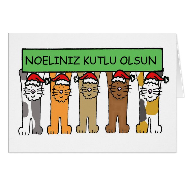 Cartão Feliz Natal Turco Gatos de Cartografia em Santa Ha (Frente Horizontal)