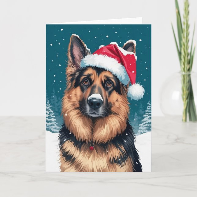 Cartão Feliz Natal Um Cachorro German shepherd em Papais  (Frente)