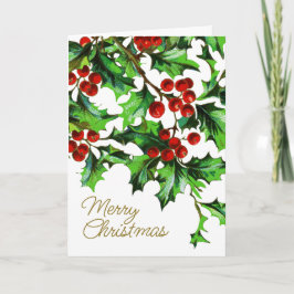 Cartão Feliz Natal Vintage Holly Berries com Mensagem