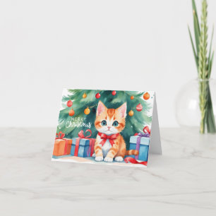 Cartão Feliz Natal Watercolor Orange Kitten