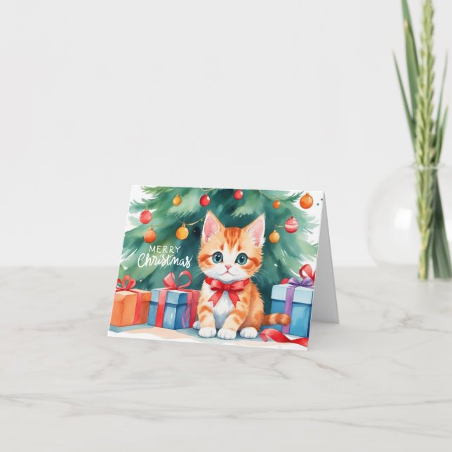 Cartão Feliz Natal Watercolor Orange Kitten (Frente)