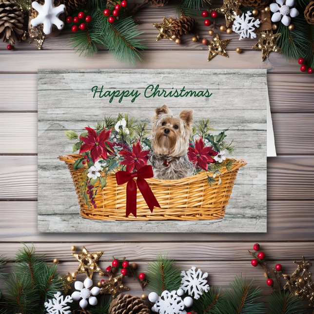 Cartão Feliz Natal Yorkshire Terrier Dog em Cesta (Criador carregado)