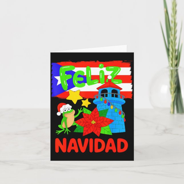 Cartão Feliz Navidad Puerto Rico Flag Floral Frog Boricua (Frente)