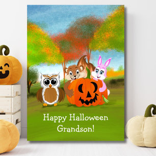 Cartão Feliz neto de Halloween Chipmunk, Coelho e Coruja