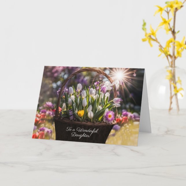 Cartão Feliz Páscoa à Filha com Cesto de Flores Bonito (Flor Amarela)