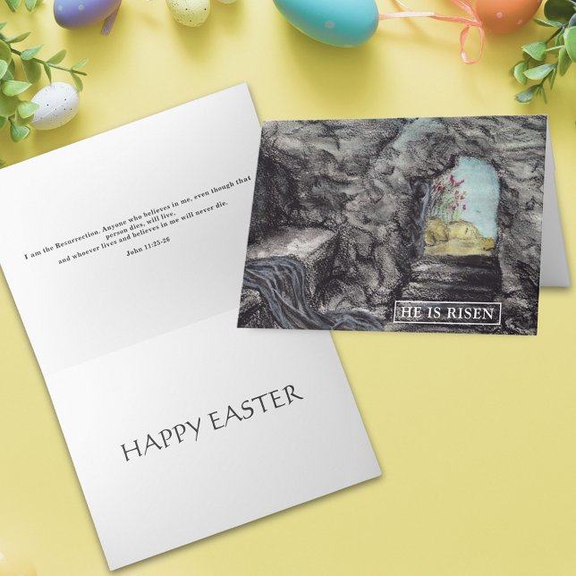 Cartão Feliz Páscoa Arte em Aquarela Cristã (He is risen happy Easter bible quote christian art religious holiday greetings card)