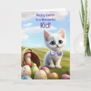 Cartão Feliz Páscoa com adorável gatinho branco fofo