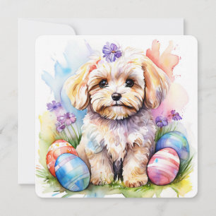 Cartão Feliz Páscoa Cute Maltipoo Aquarela Cachorr