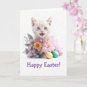 Cartão Feliz Páscoa Gatinho Ginger Fofo entre Flores 