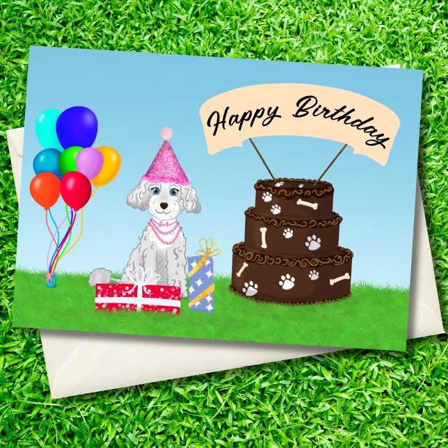 Cartão Feliz Poodle de Aniversário com Bolo de Aniversári (Criador carregado)