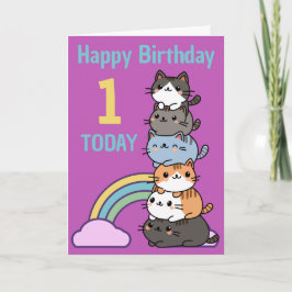 Cartão Feliz Primeiro (1º) Aniversário Pilha De Gatos Com