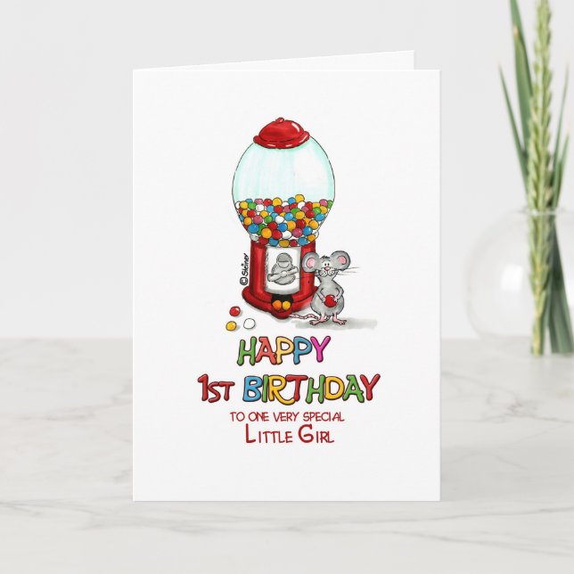 Cartão Feliz primeiro aniversario a uma garotinha muito e (Frente)