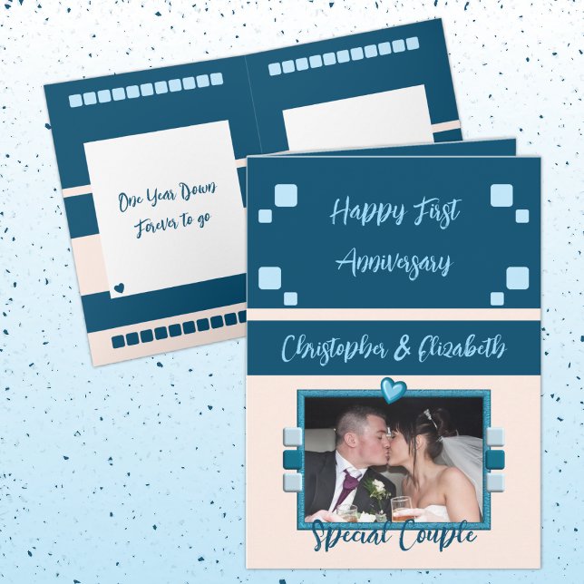 Cartão Feliz Primeiro Aniversário adicione cor azul de pê (Criador carregado)