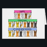 Cartão Feliz Primeiro Dia em Sua Nova Escola<br><div class="desc">Gatos de desenho animado em três filas,  segurando cartazes coloridos que dizem 'Feliz primeiro dia na sua nova escola'.</div>