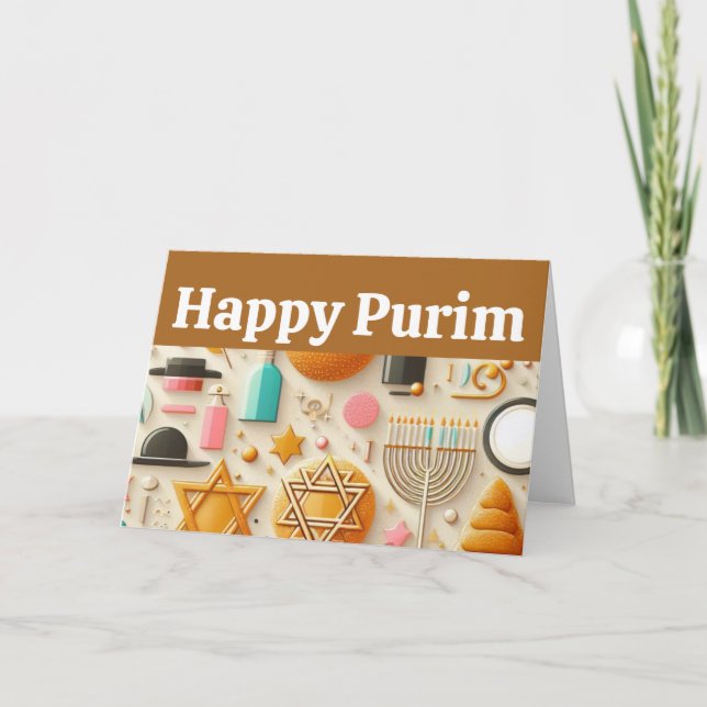 Cartão Feliz Purim, Estrela de Davi, Menorá, Kosher, Arte (Frente)